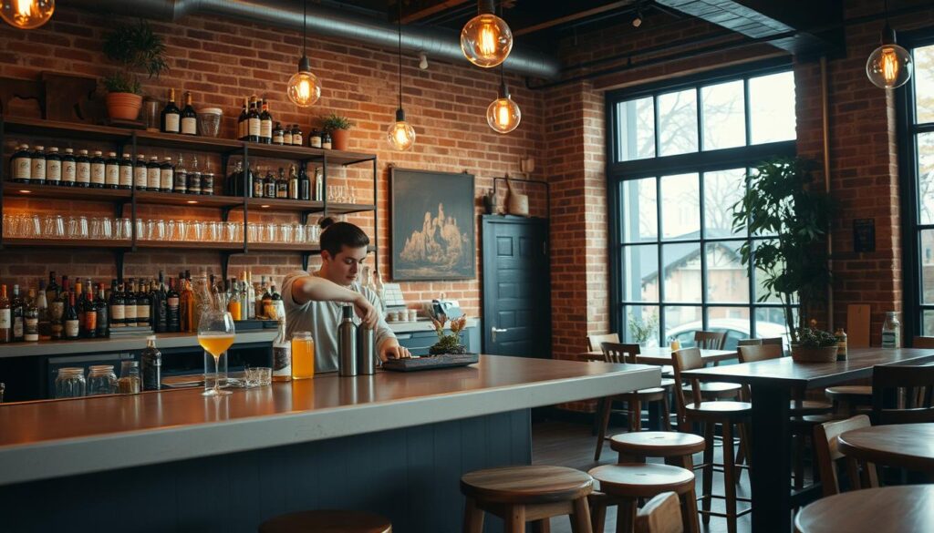 A cozy, well-lit bar with an analogue, sustainable aesthetic. In the foreground, a bartender skillfully mixes a cocktail, using locally sourced, seasonal ingredients. The middle ground features a minimalist bar counter, lined with handcrafted wooden stools. On the shelves behind the bar, an array of glass bottles and jars showcase the bar's zero-waste ethos. The background is a warm, inviting atmosphere, with exposed brick walls, reclaimed wood accents, and a faint glow of Edison bulbs. Soft, natural lighting filters through large windows, creating a calming, inviting ambiance. The entire scene conveys a sense of mindful, eco-conscious indulgence.