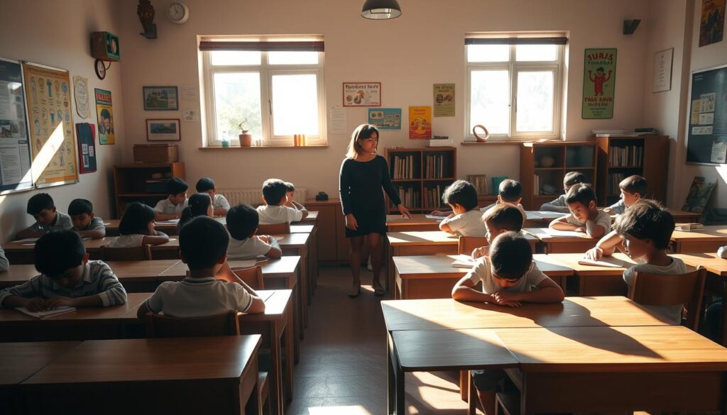 A cozy, well-lit classroom at the illum.e tuition centre. Sunlight streams through large windows, casting a warm glow on the rows of wooden desks and chairs. Students are engrossed in their studies, their faces illuminated by the soft, natural light. The walls are adorned with educational posters and artwork, creating an inspiring, intellectual atmosphere. A teacher stands at the front of the class, guiding the students with a gentle, patient demeanor. The room has a sense of focused productivity, with an undercurrent of curiosity and enthusiasm for learning. The overall scene conveys a welcoming, nurturing environment that fosters academic excellence.