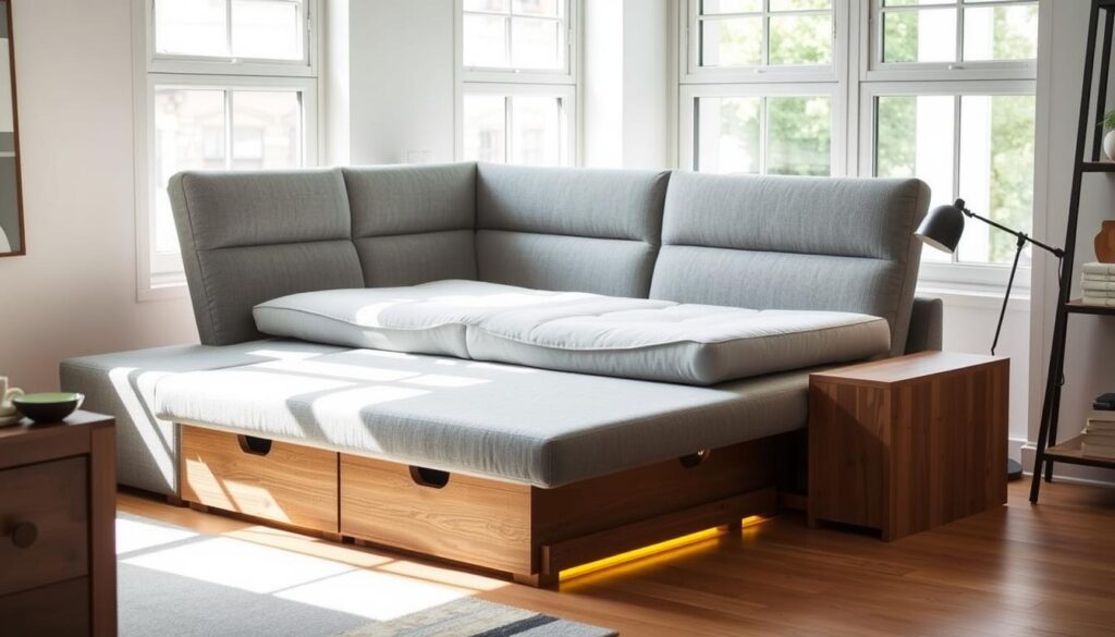 A cozy, well-lit corner sofa-bed with a sleek, minimalist design. The IKEA FRIHETEN model features a plush, gray upholstery that wraps around a sturdy wooden frame. The center section seamlessly folds out into a comfortable sleeping surface, complemented by generous storage compartments beneath. Soft, ambient lighting casts a warm glow, highlighting the clean lines and practical functionality of this versatile furniture piece. Positioned in a bright, airy room with large windows, the sofa-bed creates an inviting, relaxing atmosphere perfect for both lounging and overnight guests.