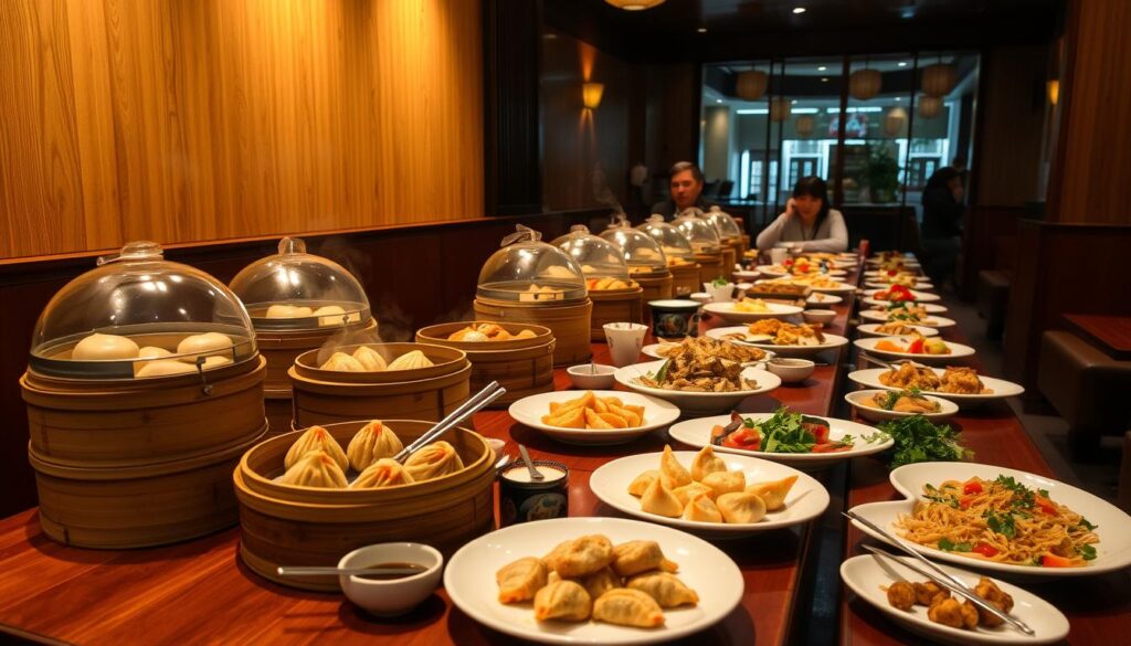 A cozy, well-lit dim sum buffet restaurant, with a wide selection of traditional Cantonese dishes neatly arranged on a wooden table. Steaming bamboo baskets filled with juicy dumplings, savory buns, and delicate delicacies line the table, alongside delectable seafood dishes and vibrant vegetable plates. Elegant porcelain plates and chopsticks complete the scene, creating an inviting and affordable dining experience. The warm lighting casts a soft, golden glow over the table, and the occasional chatter of satisfied diners adds to the lively, yet relaxed atmosphere. This image captures the essence of a high-quality, yet budget-friendly dim sum buffet that would be the perfect choice for a leisurely weekend brunch.