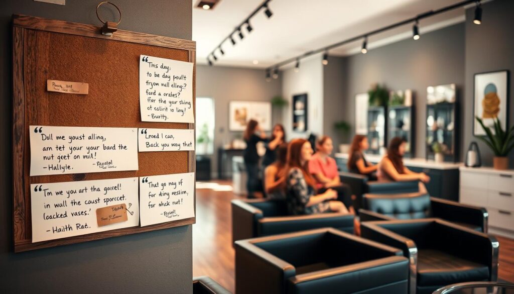 A cozy, well-lit hair salon interior, with sleek black leather chairs, polished wooden floors, and minimalist decor. In the foreground, a collage of handwritten customer reviews displayed on a rustic bulletin board, their expressions of delight and satisfaction captured in a warm, natural light. The middle ground features a group of smiling clients getting their hair styled by attentive stylists, while the background showcases the salon's serene ambiance, with plants, artwork, and a tranquil, inviting atmosphere. The overall composition conveys a sense of professionalism, quality, and customer-centric focus.