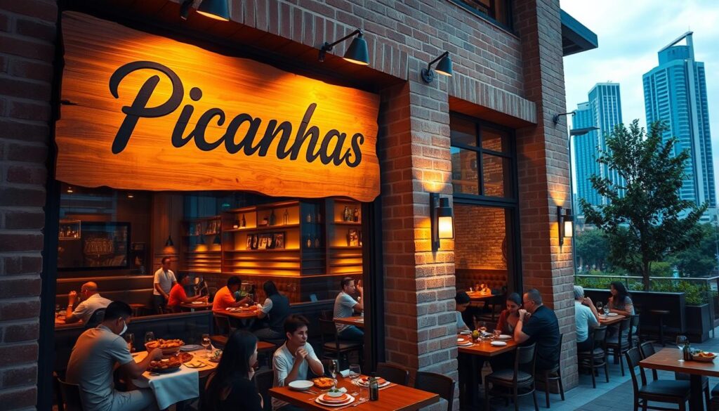 A cozy, well-lit halal Brazilian steak restaurant nestled in a bustling Singapore cityscape. The entrance features a large, wooden sign with bold calligraphy reading "Picanhas". Through the glass windows, patrons can be seen enjoying succulent, flame-grilled picanha cuts, accompanied by vibrant, colorful side dishes. The dining area has a rustic, yet refined ambiance, with exposed brick walls, warm wooden furnishings, and subtle mood lighting. In the background, the iconic Singapore skyline is visible, hinting at the restaurant's location. The overall scene conveys a sense of authentic Brazilian cuisine in a modern, cosmopolitan setting. A cozy, well-lit halal Brazilian steak restaurant nestled in a bustling Singapore cityscape. The entrance features a large, wooden sign with bold calligraphy reading "Picanhas". Through the glass windows, patrons can be seen enjoying succulent, flame-grilled picanha cuts, accompanied by vibrant, colorful side dishes. The dining area has a rustic, yet refined ambiance, with exposed brick walls, warm wooden furnishings, and subtle mood lighting. In the background, the iconic Singapore skyline is visible, hinting at the restaurant's location. The overall scene conveys a sense of authentic Brazilian cuisine in a modern, cosmopolitan setting.