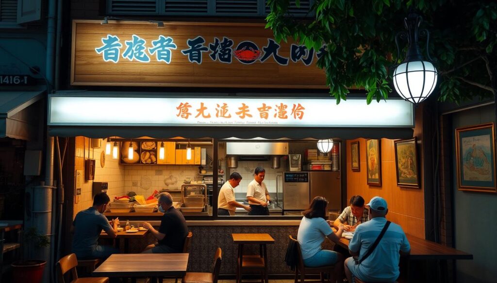 A cozy, well-lit neighborhood seafood restaurant in Singapore, nestled between colorful shophouses and lush greenery. The exterior features a charming storefront with traditional Peranakan-style tiles and a wooden signage. Soft lighting illuminates the intimate dining area, where patrons savor local delicacies like chili crab, served in a relaxed, convivial atmosphere. The kitchen is visible through an open hatch, with chefs skillfully preparing fresh seafood dishes. Customers enjoy their meal at wooden tables, surrounded by vintage decor and framed artwork depicting Singaporean culture. The overall scene exudes a sense of local authenticity and community, inviting diners to immerse themselves in the vibrant, time-honored traditions of Singaporean cuisine.