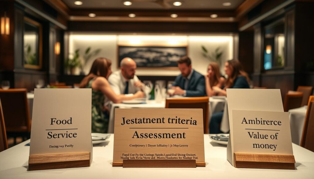 A cozy, well-lit restaurant interior with a focused table arrangement in the foreground, showcasing various assessment criteria - food quality, service, ambiance, and value for money - displayed on elegant wooden placards. In the middle ground, a team of discerning diners engaged in lively discussion, evaluating their dining experience. The background features a warm, inviting atmosphere with subtle decor elements and soft, diffused lighting, creating a professional yet welcoming setting for this restaurant assessment process.