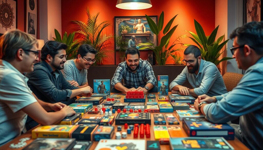 A cozy, well-lit tabletop gaming scene with an array of colorful board games and accessories neatly displayed on a wooden table. In the foreground, a group of enthusiastic specialists, dressed casually, are engaged in an intense game of strategy, their faces animated with excitement. The middle ground showcases a diverse selection of game boxes, dice, and other gaming paraphernalia, inviting the viewer to explore the vast world of tabletop entertainment. In the background, a warm, inviting ambiance is created by subtle mood lighting and the presence of lush, verdant potted plants, conveying a sense of comfort and community.