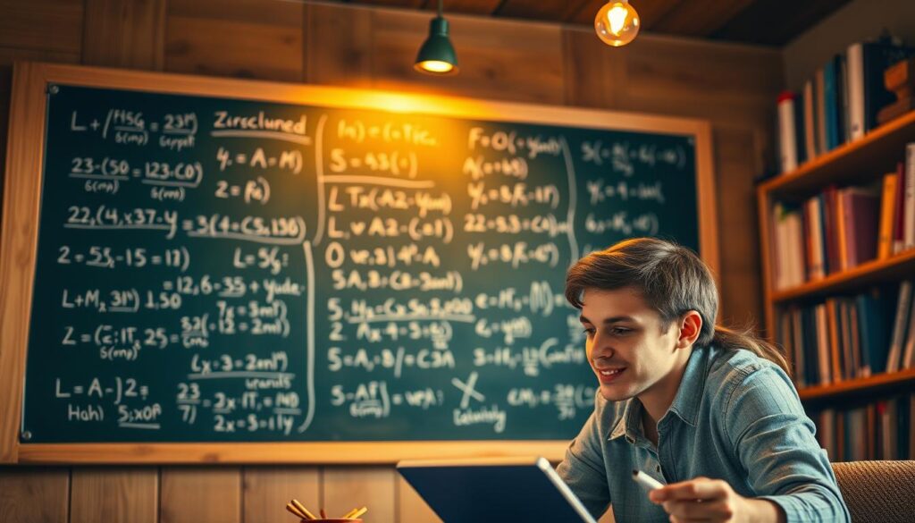 A cozy, well-lit tutoring center with a chalkboard displaying complex math and science equations. In the foreground, a tutor and student are engaged in a one-on-one session, their faces filled with focused determination. The tutor's expression is calm and patient, guiding the student through the material with a gentle demeanor. Warm lighting casts a soft glow, creating an atmosphere of productivity and learning. Shelves lining the walls are filled with textbooks and learning materials, conveying a sense of expertise and personalized curriculum. The scene evokes a sense of academic achievement and the nurturing guidance necessary for mastering the complexities of math and science.