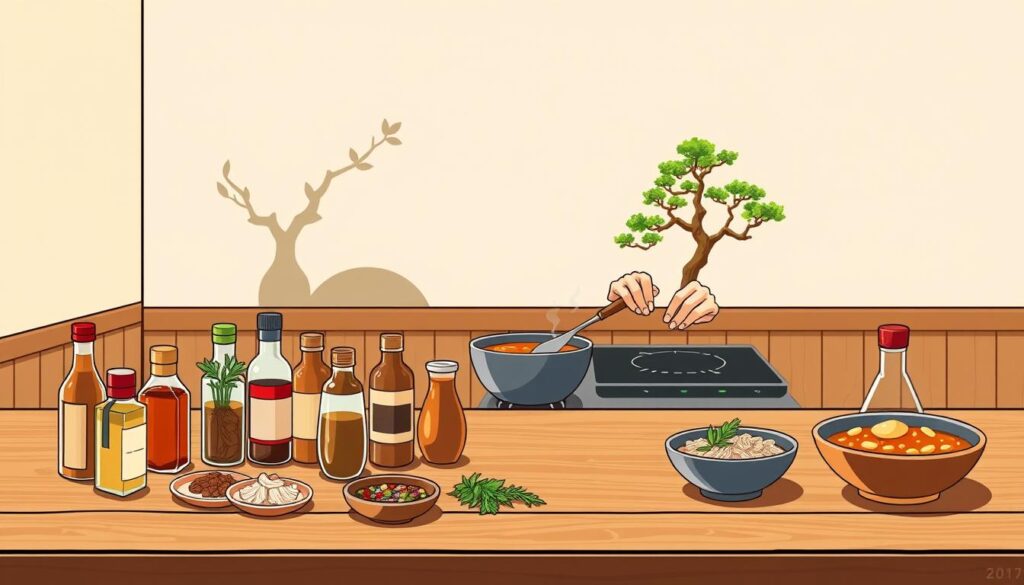 A crisp, clean-lined illustration set in a minimalist Japanese interior. In the foreground, a wooden table displays a variety of essential ingredients for authentic Japanese curry - fragrant spices, savory sauces, and aromatic herbs. In the middle ground, a chef's hands carefully prepare the curry, chopping vegetables and simmering the pot on a sleek induction cooktop. The background features a simple, zen-inspired wall mural, with a single bonsai tree adding a touch of natural elegance. Warm, diffused lighting casts a cozy glow over the scene, evoking the serene ambiance of an intimate Japanese curry house.