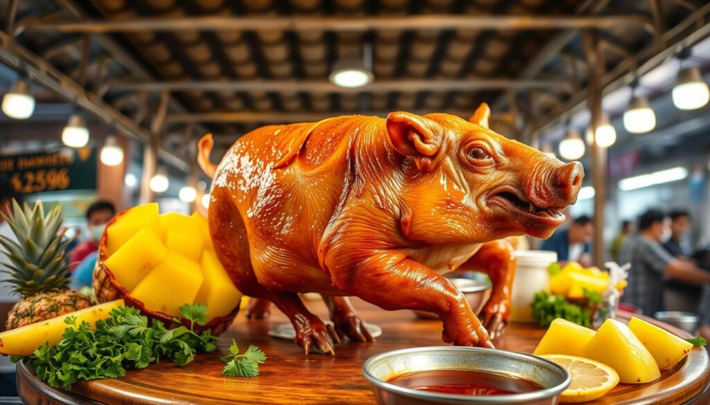 A crisp, golden-brown suckling pig takes center stage, its tender meat glistening under the warm, soft lighting of a traditional Singaporean hawker stall. The pig is presented on a wooden platter, surrounded by colorful condiments and garnishes, including fragrant pineapple slices, fresh coriander, and a rich, savory dipping sauce. The bustling scene is framed by the weathered, tile-roofed stall, its open-air setting capturing the lively energy of a Singaporean street food experience. The composition emphasizes the viewer's focus on the succulent, mouthwatering roast pig, inviting them to imagine the satisfying crunch of the skin and the juicy, flavorful meat within.