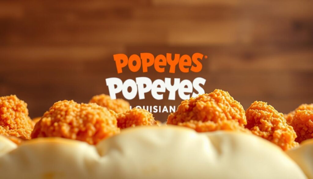 A crisp, golden-fried Popeyes Louisiana chicken, freshly plucked from the bubbling oil, glistening with a perfectly seasoned batter. The succulent meat beneath the crunchy exterior emanates the aroma of Cajun spices, hinting at the bold flavors within. In the foreground, the chicken is framed by a bed of fluffy, white bread, ready to soak up every drip of the rich, savory juices. The middle ground showcases the iconic Popeyes logo, a beacon of Louisiana-style excellence, against a backdrop of rustic wooden planks, evoking the brand's Southern heritage. Warm, soft lighting casts a comforting glow, creating an inviting and mouthwatering atmosphere.