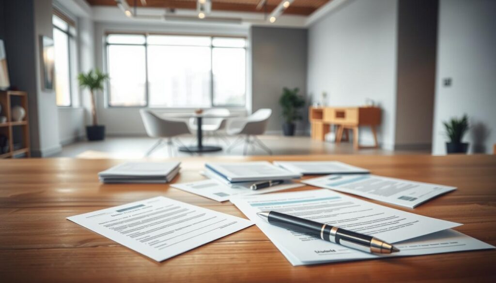 A crisp, well-lit interior scene with a wooden table in the foreground, showcasing various documents, forms, and a pen. In the middle ground, a modern office setting with minimalist furniture and a large window letting in soft natural light. In the background, a subtle wall texture and a sense of depth, creating a professional, administrative atmosphere. The overall mood is one of organization, attention to detail, and a focus on the eligibility criteria for different borrowers.