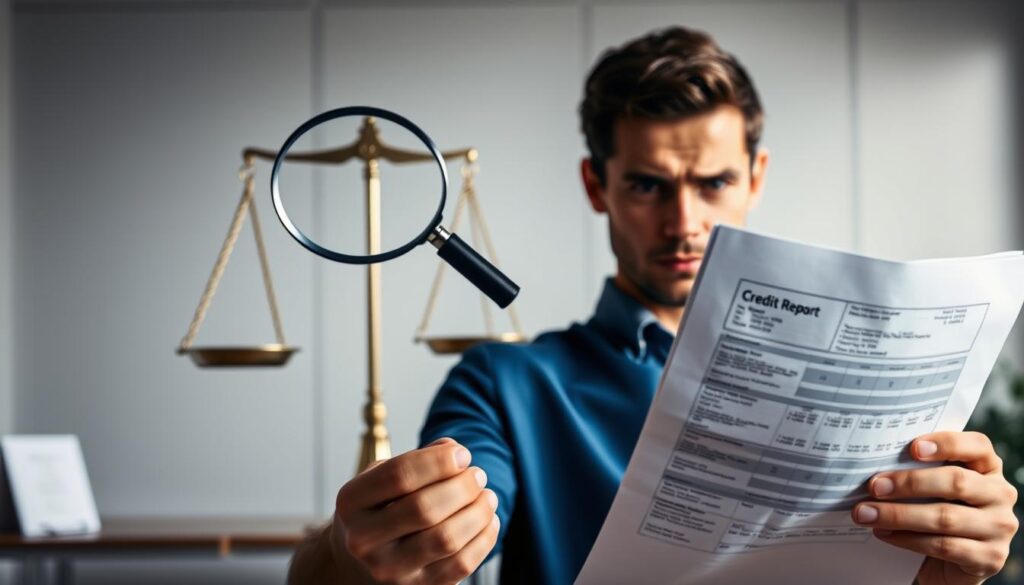 A crisp, well-lit photograph showcasing the impact of credit score on loan approval. In the foreground, a person holding loan documents, their expression conveying uncertainty. Behind them, a magnifying glass hovers, meticulously examining a credit report. In the middle ground, a balance scale symbolizes the delicate equilibrium between credit score and loan decision. The background features a modern office setting, with clean lines and muted tones, creating a professional, authoritative atmosphere. Lighting is soft and directional, emphasizing the key elements and guiding the viewer's gaze. The overall composition is balanced and visually compelling, effectively illustrating the crucial role of credit score in the loan approval process.