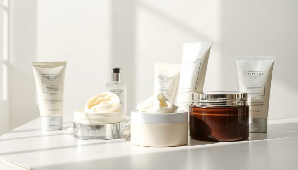 A curated collection of luxurious hand creams artfully displayed on a minimalist table, bathed in soft, natural lighting. The creams are neatly arranged, showcasing their distinct packaging and textures - from smooth, velvety lotions to rich, buttery formulas. The scene evokes a sense of pampering and self-care, with a clean, sophisticated aesthetic that complements the high-quality products. The camera captures the display at a slight angle, creating depth and visual interest, while ensuring the creams are the central focus. This image perfectly encapsulates the essence of the "Best Hand Cream Singapore: Top Picks for Moisturizing" article, highlighting the top choices for the best hand cream in Singapore.
