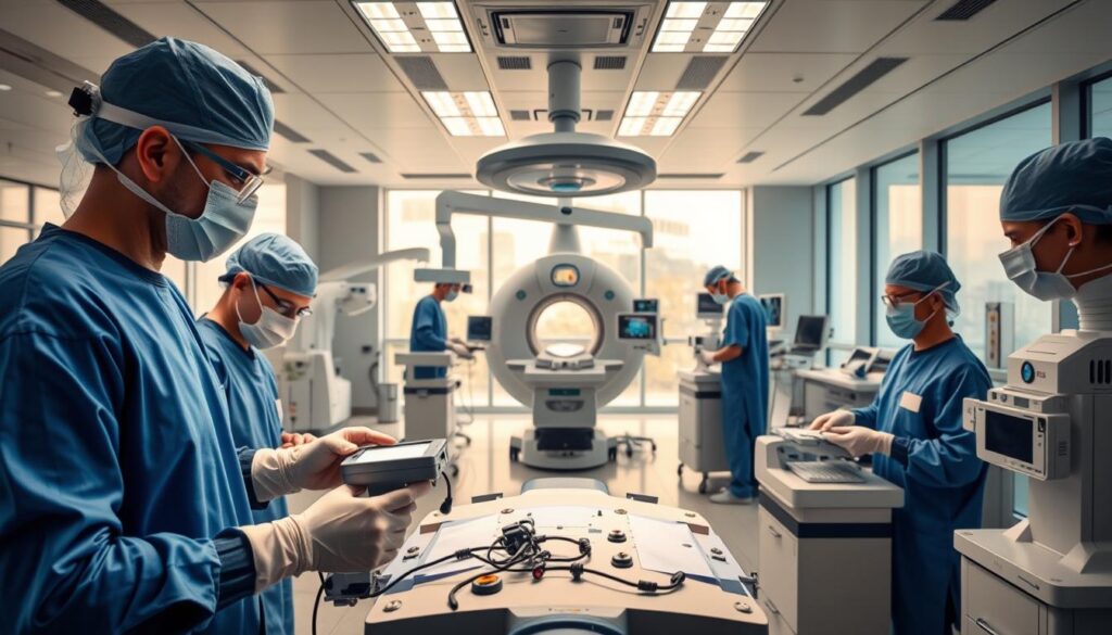A cutting-edge medical facility with state-of-the-art urology equipment and highly skilled practitioners. In the foreground, a team of surgeons perform a complex procedure using the latest robotic technology, their hands steady and focused. The middle ground showcases a range of advanced diagnostic tools, from high-resolution imaging scanners to cutting-edge lab equipment. In the background, a sleek, modern interior with large windows letting in natural light, conveying a sense of innovation, professionalism, and patient-centric care. The overall atmosphere is one of precision, innovation, and a commitment to providing the highest level of urological services.