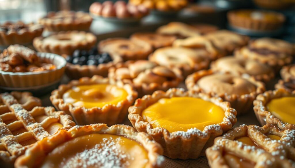 A delectable arrangement of Singapore's renowned tarts and pies, bathed in warm, soft lighting and captured from a slightly elevated angle. In the foreground, flaky, golden-crusted tarts filled with rich, silky custards, their surfaces adorned with intricate lattice patterns or dusted with powdered sugar. In the middle ground, an assortment of classic pie slices, with fillings ranging from sweet, gooey fruit compotes to savory, umami-packed meat and veggie blends. The background is softly blurred, hinting at the cozy, inviting ambiance of a quaint local bakery. The overall composition exudes a sense of artisanal craftsmanship and the mouthwatering allure of these exceptional Singaporean desserts.