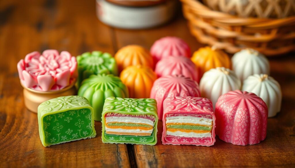 A delectable assortment of traditional Nonya kueh, meticulously crafted by the skilled hands of the Lek Lim Nyonya Cake Confectionery. Vibrant hues of pink, green, and white adorn the delicate, bite-sized treats, each one a masterpiece of intricate patterning and layered textures. The confections are presented on a rustic wooden table, bathed in warm, golden light that illuminates their intricate details. The scene conveys a sense of timeless tradition, where the essence of Peranakan culture is distilled into these captivating culinary delights, inviting the viewer to savor the rich heritage and flavors of Singapore's Bedok neighborhood.