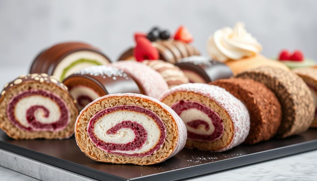 A delectable assortment of unique Swiss roll flavors and textures, artfully arranged on a sleek, minimalist backdrop. In the foreground, a cross-section reveals the swirling patterns and vibrant hues of the sponge, perhaps infused with exotic ingredients like matcha, lavender, or passion fruit. The middle ground showcases the diverse array of toppings and fillings, from glossy ganache to airy whipped cream, dusted with powdered sugar or adorned with fresh berries. The background, bathed in soft, diffused lighting, creates an atmosphere of refined elegance, inviting the viewer to savor the exquisite craftsmanship and attention to detail that distinguishes these exceptional Swiss rolls.