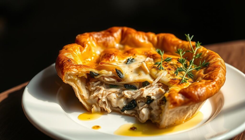 A delectable black truffle chicken pie, nestled on a pristine white plate, takes center stage. The flaky golden-brown crust, lovingly hand-crafted, reveals the rich, creamy filling within. Threads of shredded chicken mingle with the earthy aroma of black truffles, creating a symphony of flavors. Soft light filters through the scene, casting a warm, inviting glow that heightens the dish's luxurious appeal. Carefully arranged herbs and a drizzle of aromatic truffle oil add the final touches, elevating this culinary masterpiece to a true work of art. A high-end, sophisticated presentation that embodies the essence of Group Therapy Duxton's upscale pie offerings.