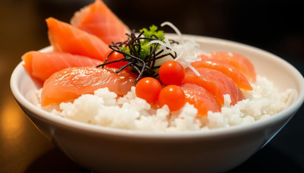 A delectable chirashi bowl, artfully arranged with fresh sashimi slices, glistening ikura, delicate shredded nori, and fluffy sushi rice, all nestled in a simple yet elegant white ceramic dish. The lighting is soft and warm, casting a inviting glow on the colorful ingredients. The camera angles captures the bowl at a slight angle, highlighting its depth and the intricate layering of the components. The overall mood is one of mouthwatering simplicity and affordable indulgence, perfect for an exceptional yet budget-friendly Japanese meal.