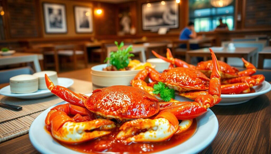 A delectable display of Mellben Seafood's signature crab dishes, captured in a warm, inviting setting. In the foreground, a platter showcases succulent crab legs drenched in a glistening, peppery sauce, accompanied by steamed buns and fresh garnishes. The middle ground features a clean, minimalist table setting, with bamboo placemats and simple ceramic dishware, allowing the vibrant crab to take center stage. The background evokes a cozy, authentic Singaporean restaurant atmosphere, with wooden accents, soft lighting, and a subtle hint of bustling activity. The overall composition conveys a sense of culinary expertise, attention to detail, and the irresistible allure of Mellben Seafood's renowned crab specialties.