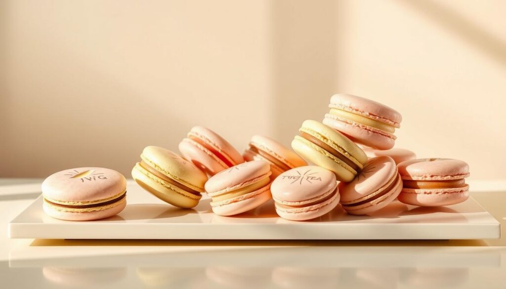A delectable display of TWG Tea's signature macarons, artfully arranged on a sleek, minimalist display. The delicate, pastel-hued shells are infused with the brand's renowned tea blends, offering a symphony of flavors. Natural lighting casts a warm, inviting glow, highlighting the meticulous piping and intricate detailing. The macarons appear to float effortlessly, their glossy surfaces reflecting the refined elegance of the presentation. The background is a soft, neutral tone, allowing the vibrant colors of the macarons to take center stage. An irresistible invitation to indulge in the exquisite tea-infused confections that exemplify TWG Tea's commitment to culinary excellence.