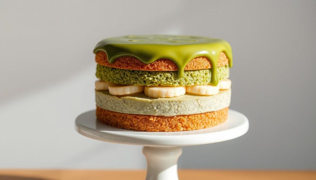 A delectable layered gateau featuring a lush matcha sponge cake, rich banana pudding, and a silky smooth matcha glaze. The cake is presented on a chic white ceramic pedestal, illuminated by soft natural lighting that casts a gentle glow, highlighting the intricate textures and verdant hues. The composition is centered, allowing the exquisite dessert to take center stage against a minimalist background, creating an elegant and sophisticated visual impression befitting a high-end patisserie. The overall mood is one of refined indulgence, inviting the viewer to imagine the delightful flavors and textures of this exceptional matcha-infused confection. A delectable layered gateau featuring a lush matcha sponge cake, rich banana pudding, and a silky smooth matcha glaze. The cake is presented on a chic white ceramic pedestal, illuminated by soft natural lighting that casts a gentle glow, highlighting the intricate textures and verdant hues. The composition is centered, allowing the exquisite dessert to take center stage against a minimalist background, creating an elegant and sophisticated visual impression befitting a high-end patisserie. The overall mood is one of refined indulgence, inviting the viewer to imagine the delightful flavors and textures of this exceptional matcha-infused confection.
