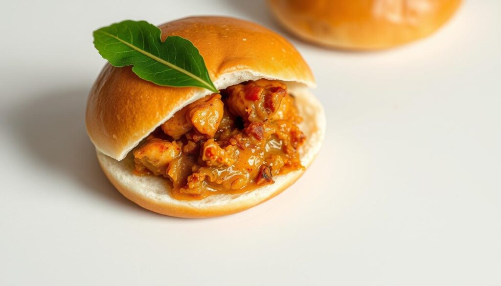 A delectable otah bun sandwich, artfully presented on a crisp white surface. The soft, pillowy bun envelops a generous filling of fragrant, spice-infused otah, its golden-brown hue glistening under the soft, natural lighting. The cross-section reveals the perfect balance of textures, with the creamy, flavorful otah nestled within the tender bun. Garnished with a vibrant green leaf, adding a fresh, complementary touch. The composition is carefully arranged, drawing the eye to the enticing combination of flavors and textures, inviting the viewer to imagine the satisfying bite of this Singaporean culinary delight. A delectable otah bun sandwich, artfully presented on a crisp white surface. The soft, pillowy bun envelops a generous filling of fragrant, spice-infused otah, its golden-brown hue glistening under the soft, natural lighting. The cross-section reveals the perfect balance of textures, with the creamy, flavorful otah nestled within the tender bun. Garnished with a vibrant green leaf, adding a fresh, complementary touch. The composition is carefully arranged, drawing the eye to the enticing combination of flavors and textures, inviting the viewer to imagine the satisfying bite of this Singaporean culinary delight.