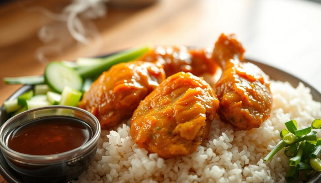 A delectable scene of the essential components that make up the beloved Halal Chicken Rice dish. In the foreground, tender, juicy chicken thighs glisten under warm, natural lighting, nestled atop a bed of fluffy, fragrant white rice. Alongside, a small bowl overflows with a rich, savory soy-based sauce, while crisp, freshly chopped cucumber and aromatic green onions frame the composition. In the background, a hint of steam rises, conveying the comforting warmth and homemade quality of this quintessential Singaporean meal. Captured with a shallow depth of field, the image invites the viewer to savor the mouthwatering details of this iconic dish.