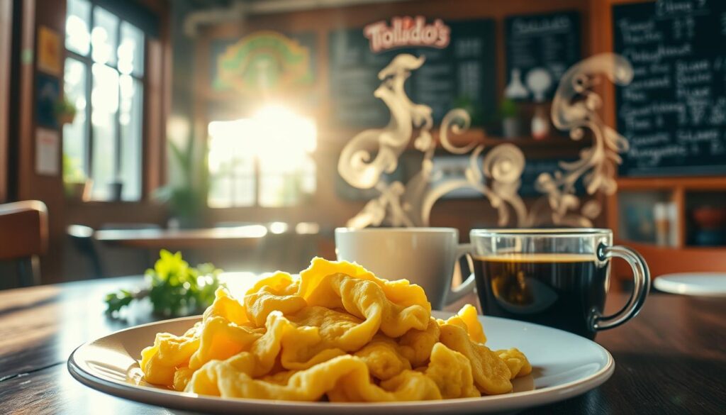 A delectable scene unfolds before the viewer - a plate of fluffy scrambled eggs, their golden hue accentuated by the warm glow of a morning sun filtering through the windows of Tolido's Espresso Nook. Steaming cups of rich, aromatic coffee sit alongside, their fragrant steam curling upwards. The cozy, rustic ambiance of the cafe is captured in the polished wood accents, chalkboard menus, and a scattering of greenery. Soft natural light bathes the scene, casting gentle shadows and highlighting the enticing textures of the food. The overall impression is one of inviting comfort and the promise of a delightful all-day breakfast experience.