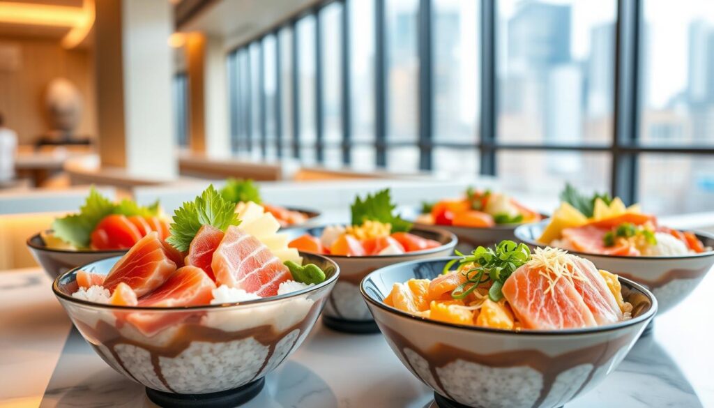 A delectable selection of mid-priced chirashi bowls, each brimming with a vibrant array of fresh, glistening slices of sashimi artfully arranged atop a bed of seasoned sushi rice. The foreground features a close-up view of the bowls, showcasing the exquisite presentation and mouthwatering ingredients, from the tender tuna, salmon, and yellowtail to the delicate garnishes of pickled ginger, shredded nori, and vibrant green onions. The middle ground offers a slightly wider perspective, revealing the pristine setting of a modern Japanese restaurant, with clean lines, warm lighting, and a subtle, minimalist aesthetic. The background subtly hints at the bustling energy of the city, with a glimpse of the cityscape through the large windows, creating a sense of urban sophistication. Captured with a shallow depth of field, the image draws the viewer's attention to the star of the scene – the exceptional chirashi bowls that embody the perfect balance of quality and affordability.