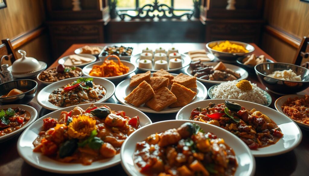 A delectable spread of authentic Peranakan dishes, captured in a warm, inviting setting. In the foreground, a vibrant array of colorful curries, spiced stews, and fragrant rice dishes, artfully presented on gleaming white platters. The middle ground showcases an assortment of intricate nyonya kueh, each a delicate balance of sweet and savory. In the background, a wooden table with carved detailing sets the stage, hinting at the rich cultural heritage of this cuisine. Soft, diffused lighting casts a golden glow, evoking the cozy ambiance of a traditional Peranakan family gathering. The overall composition invites the viewer to savor the flavors and immerse themselves in the essence of this beloved Southeast Asian culinary tradition.