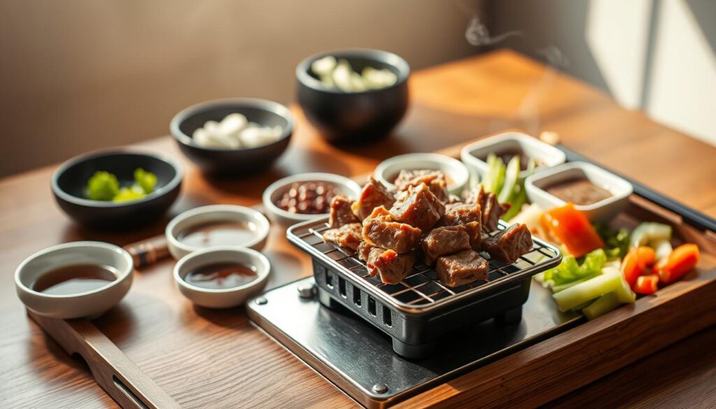 A delectable yakiniku meal, artfully presented on a wooden tray. In the foreground, bite-sized morsels of tender, marinated beef sizzle on a small portable grill, filling the air with the mouthwatering aroma of charcoal-grilled perfection. Surrounding the grill, an array of vibrant, freshly chopped vegetables and dipping sauces, all ready to enhance the flavors. In the middle ground, a simple yet elegant setting, with sleek, minimalist tableware and a clean, neutral backdrop, allowing the food to take center stage. Soft, natural lighting casts a warm, inviting glow, creating an atmosphere of casual, affordable indulgence. This image captures the essence of a fast, delicious yakiniku experience, perfect for the Japanese BBQ enthusiast seeking a quick, wallet-friendly fix.