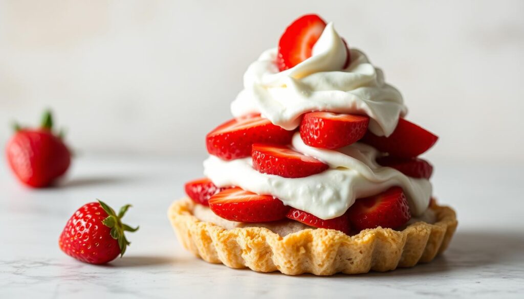 A delicate and visually appealing strawberry shortcake with a healthy twist, set against a soft, natural background. A flaky, low-carb crust forms the base, topped with a layer of freshly sliced, juicy strawberries. A creamy, dairy-free whipped topping gently cascades over the fruit, creating a visually striking and appetizing dessert. Soft, natural lighting illuminates the scene, highlighting the vibrant colors and textures. The overall mood is one of lightness, sweetness, and a commitment to dietary-friendly indulgence.
