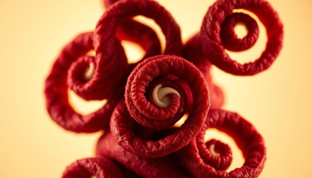 A delicate arrangement of rich red velvet swirls, sculpted with intricate precision. The twists are backlit by a warm, golden glow, casting subtle shadows that accentuate their captivating texture. The center of each twist is filled with a luscious cream cheese frosting, glistening under the gentle illumination. The overall composition exudes a sense of luxurious indulgence, inviting the viewer to savor the unique and tantalizing interpretation of the classic red velvet cake. Captured in a close-up perspective, the image fills the frame, drawing the eye to the mesmerizing details and vibrant hues that elevate this creative pastry beyond the traditional.