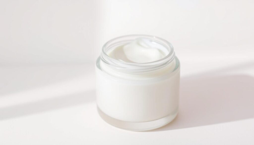 A delicate glass jar filled with a creamy, pearly-white mineral sunscreen lotion, its surface glistening under soft, diffuse lighting. The jar is positioned on a minimalist, pale-colored background, with a hint of shadows adding depth and dimension. The overall scene conveys a sense of purity, simplicity, and care for sensitive skin. The sunscreen's formula appears lightweight and easily spreadable, reflecting its soothing, non-irritating properties. The composition is clean, elegant, and visually appealing, showcasing the product's quality and efficacy for those with sensitive skin.