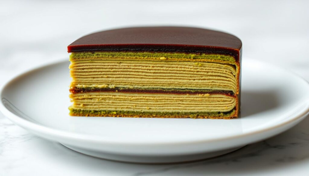 A delicate, multilayered matcha opera cake rests on a white porcelain plate, its distinct green hues contrasting beautifully with the dark chocolate accents. The cake's thin, precise layers reveal a tempting cross-section, inviting the viewer to savor its rich, velvety texture. Soft, diffused lighting casts gentle shadows, highlighting the cake's intricate structure and the subtle sheen of its glossy surface. The composition is framed by a shallow depth of field, drawing the eye to the centerpiece and creating an atmosphere of understated elegance and refined indulgence. A delicate, multilayered matcha opera cake rests on a white porcelain plate, its distinct green hues contrasting beautifully with the dark chocolate accents. The cake's thin, precise layers reveal a tempting cross-section, inviting the viewer to savor its rich, velvety texture. Soft, diffused lighting casts gentle shadows, highlighting the cake's intricate structure and the subtle sheen of its glossy surface. The composition is framed by a shallow depth of field, drawing the eye to the centerpiece and creating an atmosphere of understated elegance and refined indulgence.