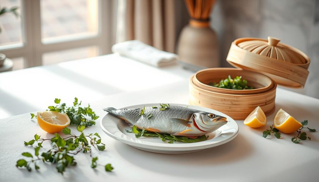 A delicate steamed fish dish takes center stage on a pristine white table, surrounded by an array of fresh herbs, lemon wedges, and a bamboo steamer. The scene is illuminated by soft natural light streaming through a window, casting a warm, inviting glow. In the background, a minimalist yet elegant interior design with earthy tones and natural materials creates a serene, spa-like ambiance. The overall composition evokes a sense of tranquility, inviting the viewer to imagine the calming experience of savoring this thoughtfully prepared, healthy meal.