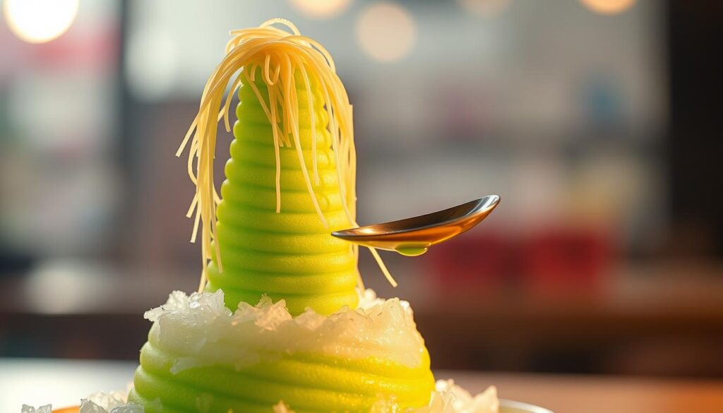A delicately balanced tower of vibrant green chendol, its vermicelli noodles gracefully arching over a bed of shaved ice. The coconut milk and palm sugar syrup glisten under the warm, soft lighting, creating a captivating visual harmony. In the foreground, a spoon hovers, ready to disrupt the equilibrium and unleash a symphony of textures and flavors. The background blurs into a hazy, dreamlike scene, focusing the viewer's attention on the mesmerizing chendol creation. This image exudes a sense of artistry, indulgence, and the pinnacle of the chendol experience.