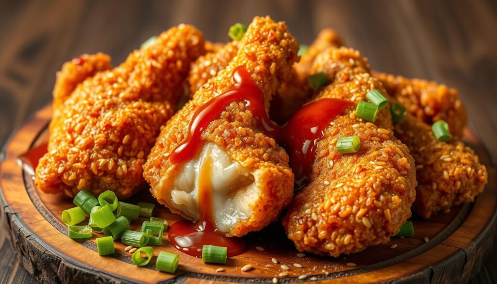 A deliciously crisp and golden-brown Korean fried chicken, freshly halal-certified by Waker Chicken. The birds are lightly dusted with a blend of aromatic spices, then submerged in a shimmering oil bath, emerging with a satisfyingly crunchy exterior. Juicy meat glistens within, drizzled with a tantalizing Korean-inspired sauce that strikes the perfect balance of sweet, savory, and just a hint of heat. Arranged on a rustic wooden board, the dish is framed by vibrant green scallions and a scattering of toasted sesame seeds, evoking the bold flavors of traditional Korean cuisine. Soft, diffused lighting casts a warm glow, highlighting the dish's artful presentation and premium quality.