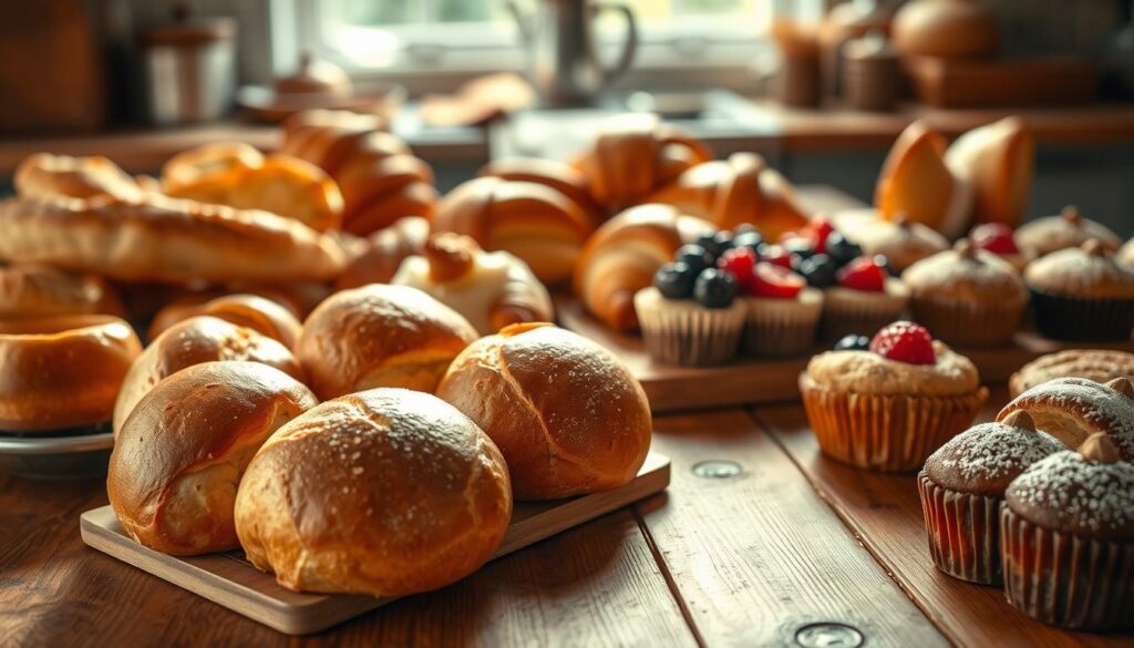 A delightful arrangement of freshly baked goods rests on a rustic wooden table, bathed in warm, natural light. In the foreground, a tray of golden-crusted artisanal breads and fluffy dinner rolls, their aroma wafting through the air. Behind them, a selection of buttery croissants and flaky Danish pastries, still steaming from the oven. In the middle ground, a tempting display of muffins and scones, adorned with glistening berries and a dusting of powdered sugar. The background features a softly blurred kitchen scene, hinting at the care and attention given to each item. The overall composition evokes a sense of homey comfort and the promise of a delicious, artisanal experience.