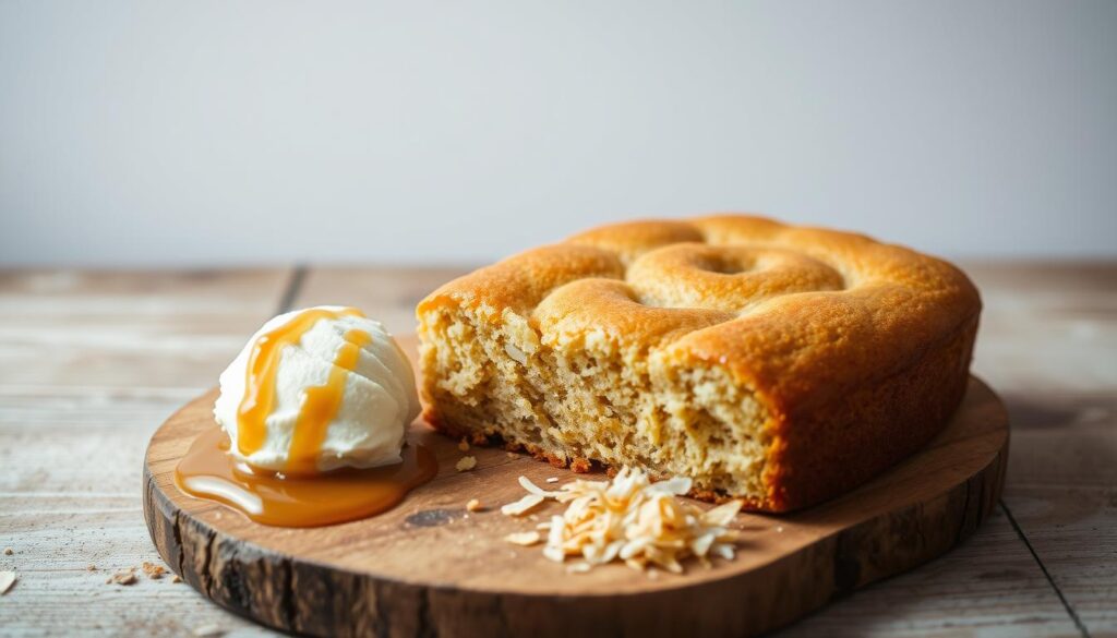 A delightful banana cake rests on a rustic wooden table, its moist crumb glistening under warm, natural lighting. Surrounding it are an assortment of complementary pairings - a scoop of creamy vanilla ice cream, a drizzle of caramel sauce, and a sprinkle of toasted coconut flakes. The scene is framed by a minimalist, Scandinavian-inspired background, creating a cozy, inviting atmosphere. The overall composition highlights the harmony between the banana cake and its delectable accompaniments, enticing the viewer to indulge in this delightful dessert pairing.