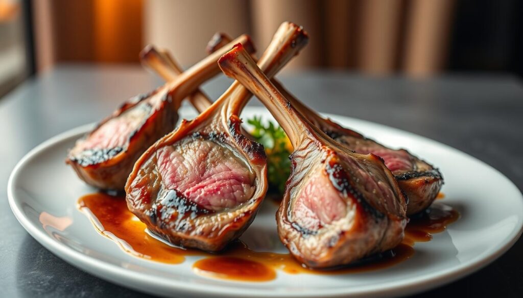A delightful display of tender, succulent lamb chops arranged in an elegant setting. The chops are seared to perfection, their golden-brown crust contrasting beautifully with the rosy-pink interior. The arrangement features a selection of cuts, including ribeye, loin, and rack, each cooked to exacting standards. The chops are presented on a modern, minimalist plate, with carefully placed garnishes and a drizzle of rich, savory sauce to enhance the flavors. Soft, warm lighting casts a inviting glow, creating an atmosphere of refined sophistication. The camera angle captures the chops in close-up, emphasizing their mouthwatering texture and presentation. A delightful display of tender, succulent lamb chops arranged in an elegant setting. The chops are seared to perfection, their golden-brown crust contrasting beautifully with the rosy-pink interior. The arrangement features a selection of cuts, including ribeye, loin, and rack, each cooked to exacting standards. The chops are presented on a modern, minimalist plate, with carefully placed garnishes and a drizzle of rich, savory sauce to enhance the flavors. Soft, warm lighting casts a inviting glow, creating an atmosphere of refined sophistication. The camera angle captures the chops in close-up, emphasizing their mouthwatering texture and presentation.