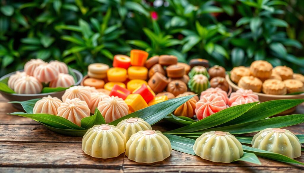 A delightful display of traditional Teochew kueh, artfully arranged on a rustic wooden table. In the foreground, plump, translucent soon kueh sit nestled among vibrant green pandan leaves, their delicate skin glistening under soft, natural lighting. The middle ground features a selection of brightly colored kueh, from the vivid pink of the ang ku kueh to the earthy hues of the ondeh-ondeh. In the background, a backdrop of lush, verdant foliage sets the scene, evoking the lush, tropical ambiance of a Singapore street market. The overall composition exudes a sense of authenticity, inviting the viewer to savor the rich cultural heritage and mouthwatering flavors of these beloved Singaporean delicacies.