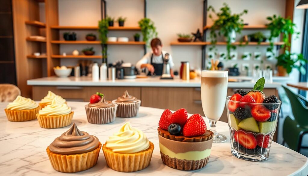 A delightful display of vegan desserts in a chic Singapore cafe setting. In the foreground, an array of tantalizing plant-based treats - silky cashew cream tarts, decadent chocolate-avocado mousse cups, and vibrant fruit-packed parfaits. The middle ground features a marble-topped counter showcasing the desserts, accompanied by a barista preparing a frothy oat milk latte. The background depicts a cozy, minimalist interior with warm lighting, natural wood accents, and lush greenery spilling from shelves, creating a calming, inviting atmosphere. The overall scene evokes a sense of indulgence and sophistication, perfectly encapsulating the "Sweet Endings: Vegan Desserts & Ice Cream" section.