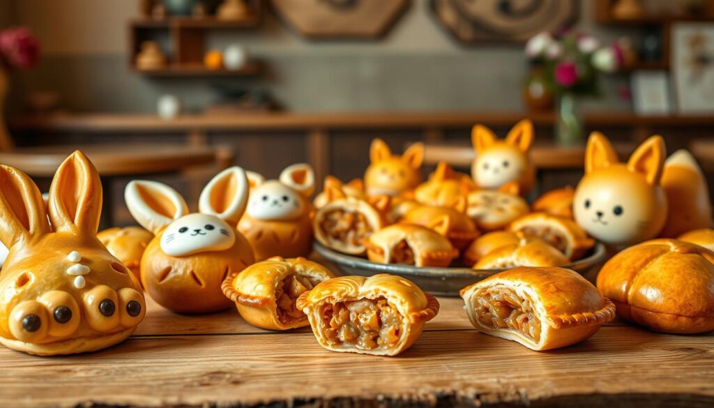 A delightful display of whimsical kemono-inspired pastries, showcasing a vibrant array of creatively shaped and generously filled chicken pies. In the foreground, a variety of playful pie designs capture the imagination - bunny ears, cat paws, and fox tails adorn the golden-brown crusts, hinting at the delectable fillings within. The middle ground features a tempting assortment of these unique pies, artfully arranged on a rustic wooden table, with a soft, natural lighting highlighting their intricate details. In the background, a cozy, inviting cafe setting with warm, earthy tones and subtle floral accents provides a cozy backdrop, suggesting a charming and inviting dining experience. The overall atmosphere evokes a sense of culinary delight and artisanal craftsmanship, perfectly aligned with the section's focus on a standout, creative, and generous pie offering.