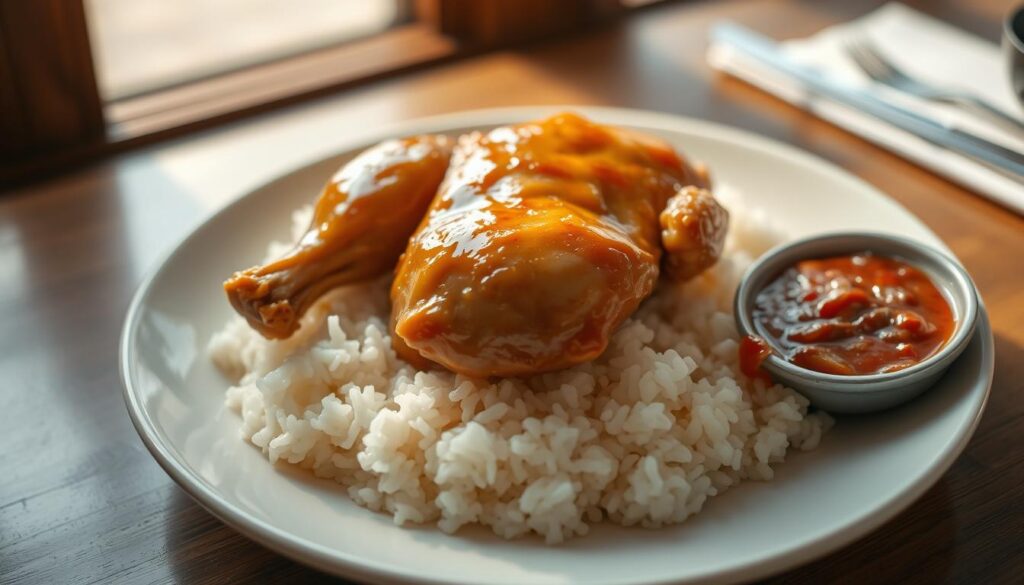 A delightful plate of Chicken Ka Kee, the signature Cantonese-style chicken rice dish from the renowned Boon Tong Kee restaurant. The glistening, perfectly cooked chicken is placed atop a bed of fluffy, fragrant steamed rice, with a side of savory, house-made chili sauce. The scene is captured in a warm, natural light, highlighting the dish's inviting hues and textures. The composition places the main subject in the center, with the rice and sauce elements framing it, creating a visually balanced and appetizing image. The atmosphere conveys a sense of simplicity and authenticity, reflecting the traditional Cantonese culinary heritage that this dish embodies.