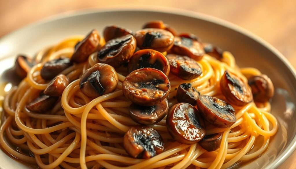 A delightful vegetarian dish of perfectly al dente spaghetti tossed in a fragrant garlic-infused olive oil, with an array of sautéed mushrooms taking center stage. The mushrooms, in varying sizes and shades of earthy brown, are beautifully caramelized, adding depth of flavor. The noodles are coiled artfully, catching the glistening oil and creating a mouthwatering visual. The scene is bathed in warm, golden lighting, casting a cozy, inviting atmosphere. The composition is balanced, with the pasta taking up the foreground, the mushrooms the midground, and a simple, uncluttered background allowing the dish to shine. This is an exceptional vegetarian interpretation of the classic Italian aglio olio, sure to delight the senses. A delightful vegetarian dish of perfectly al dente spaghetti tossed in a fragrant garlic-infused olive oil, with an array of sautéed mushrooms taking center stage. The mushrooms, in varying sizes and shades of earthy brown, are beautifully caramelized, adding depth of flavor. The noodles are coiled artfully, catching the glistening oil and creating a mouthwatering visual. The scene is bathed in warm, golden lighting, casting a cozy, inviting atmosphere. The composition is balanced, with the pasta taking up the foreground, the mushrooms the midground, and a simple, uncluttered background allowing the dish to shine. This is an exceptional vegetarian interpretation of the classic Italian aglio olio, sure to delight the senses.