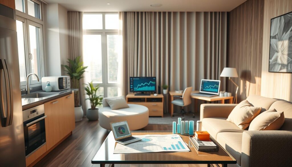 A detailed 4-room HDB flat interior with a focus on the electricity cost analysis. The scene is brightly lit by natural daylight streaming through large windows, creating a warm and inviting atmosphere. In the foreground, a meticulously rendered kitchen showcases modern appliances and sleek cabinetry. The middle ground features a cozy living room with comfortable seating and a coffee table displaying financial documents and charts. In the background, a home office setup highlights energy-efficient devices and a laptop screen displaying electricity consumption data. The overall composition conveys a sense of practicality, financial awareness, and a well-organized living space.