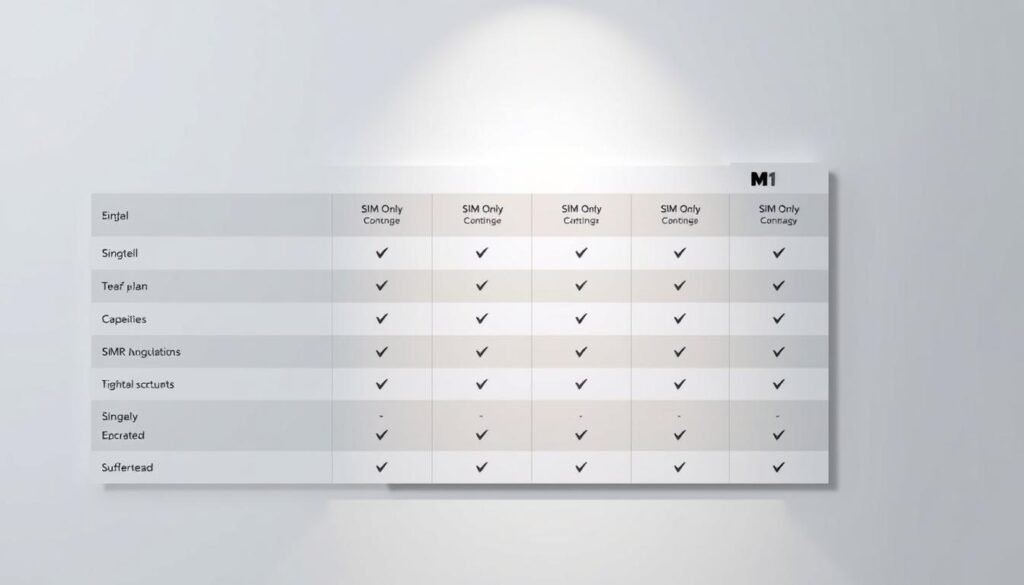 A detailed comparison of SIM-only mobile plans from Singapore's top telcos - Singtel, StarHub, and M1. Depicted on a sleek, minimalist table or grid layout, with clear iconography and pricing details for each plan. The plans are presented in a clean, organized manner with a neutral, professional color scheme that complements the article's tone. Soft lighting casts subtle shadows, creating depth and emphasizing the key plan details. The composition is balanced, with ample negative space to make the information easy to digest. An atmosphere of clarity and credibility, inviting the reader to make an informed decision about the best SIM-only plan for their needs.