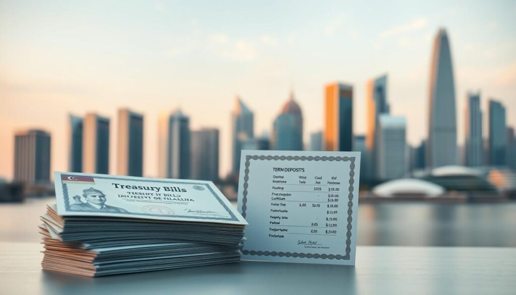 A detailed comparison of Singapore Treasury Bills and Fixed Deposits, shot in a clean, minimalist style. In the foreground, a stack of government-issued T-Bills and a term deposit certificate, backlit to highlight their distinctive features. In the middle ground, a financial chart juxtaposing their interest rates and investment timelines. The background depicts the iconic skyline of Singapore, its modern skyscrapers and historic landmarks rendered in soft, muted tones to establish a professional, corporate atmosphere. Subtle depth-of-field blur directs the viewer's attention to the core financial instruments, while balanced lighting casts an air of authority and reliability.
