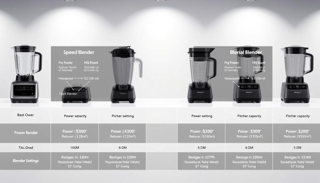 A detailed comparison of blender features displayed in a sleek, modern style. The foreground showcases a range of blender models with their key specifications highlighted, such as power, speed settings, and pitcher capacity. The middle ground features a clean, minimalist backdrop with subtle gradients, allowing the blenders to take center stage. The lighting is soft and diffused, creating a professional, high-quality aesthetic. The overall composition emphasizes the versatility and performance of the blenders, guiding the viewer through the essential factors to consider when choosing the best blender for their needs.